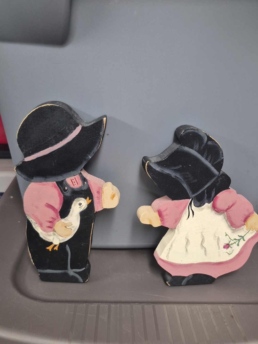 Hand-Painted Pink & Black Country Duck Couple Wood Figurines